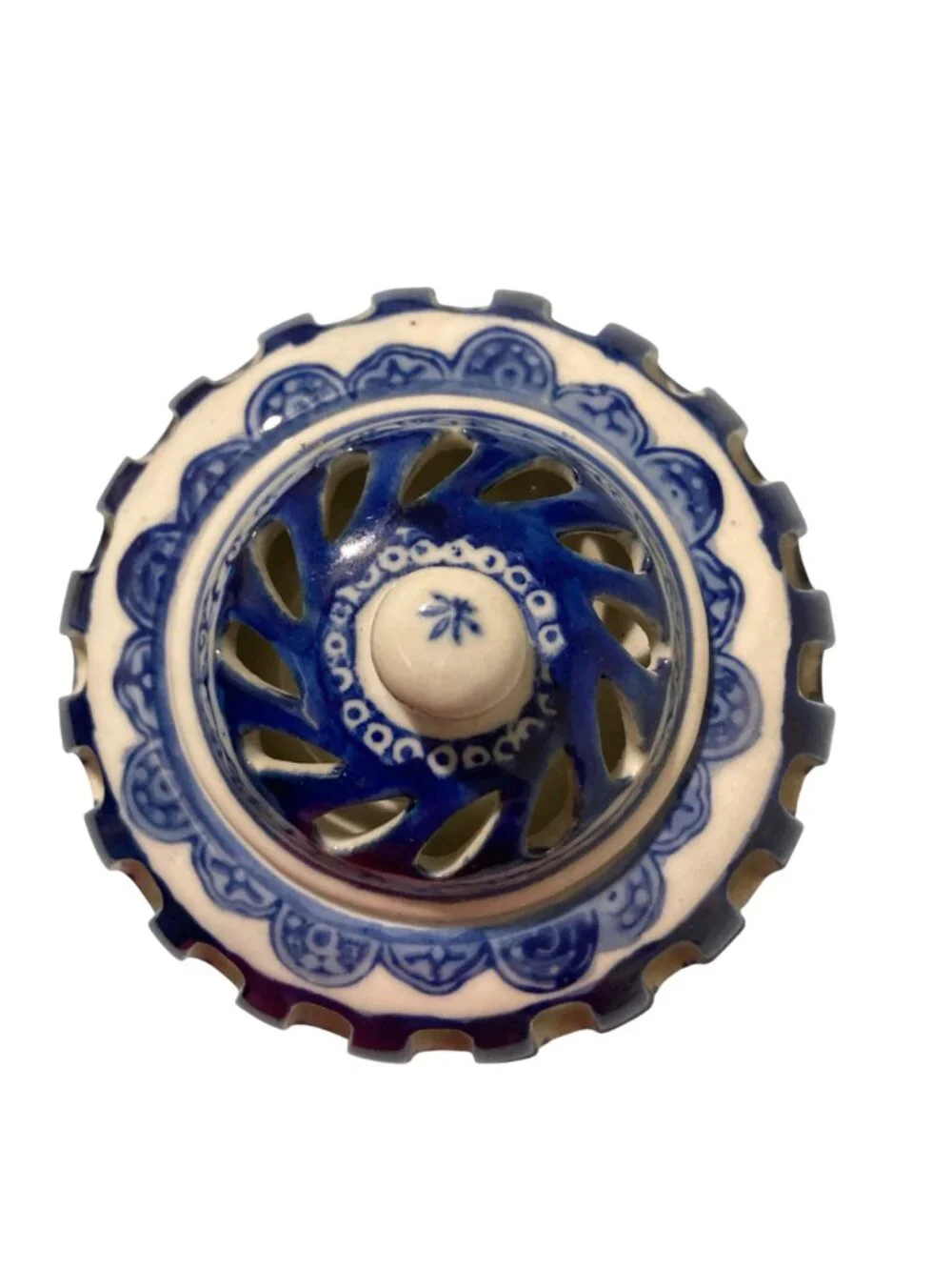 Vintage Blue and White Pierced Porcelain Chinoiserie Potpourri Vessel with Lid